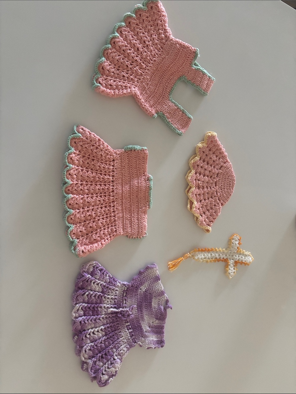 Vintage handmade crocheted doll clothes cross bookmark